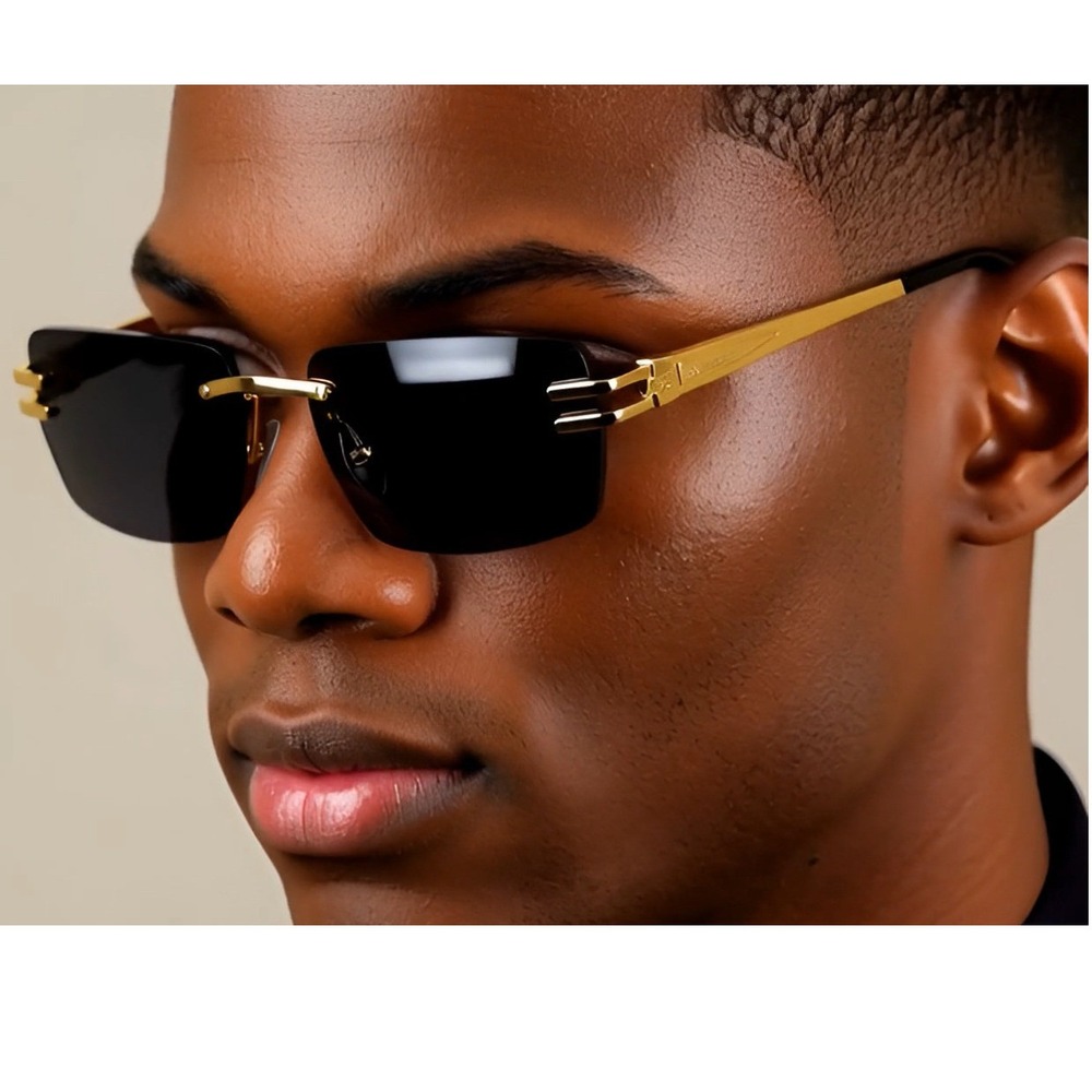 Men's Vintage Rimless Dark Black‎ Tint Gold Frame Woodgrain Hip Hop Sunglasses